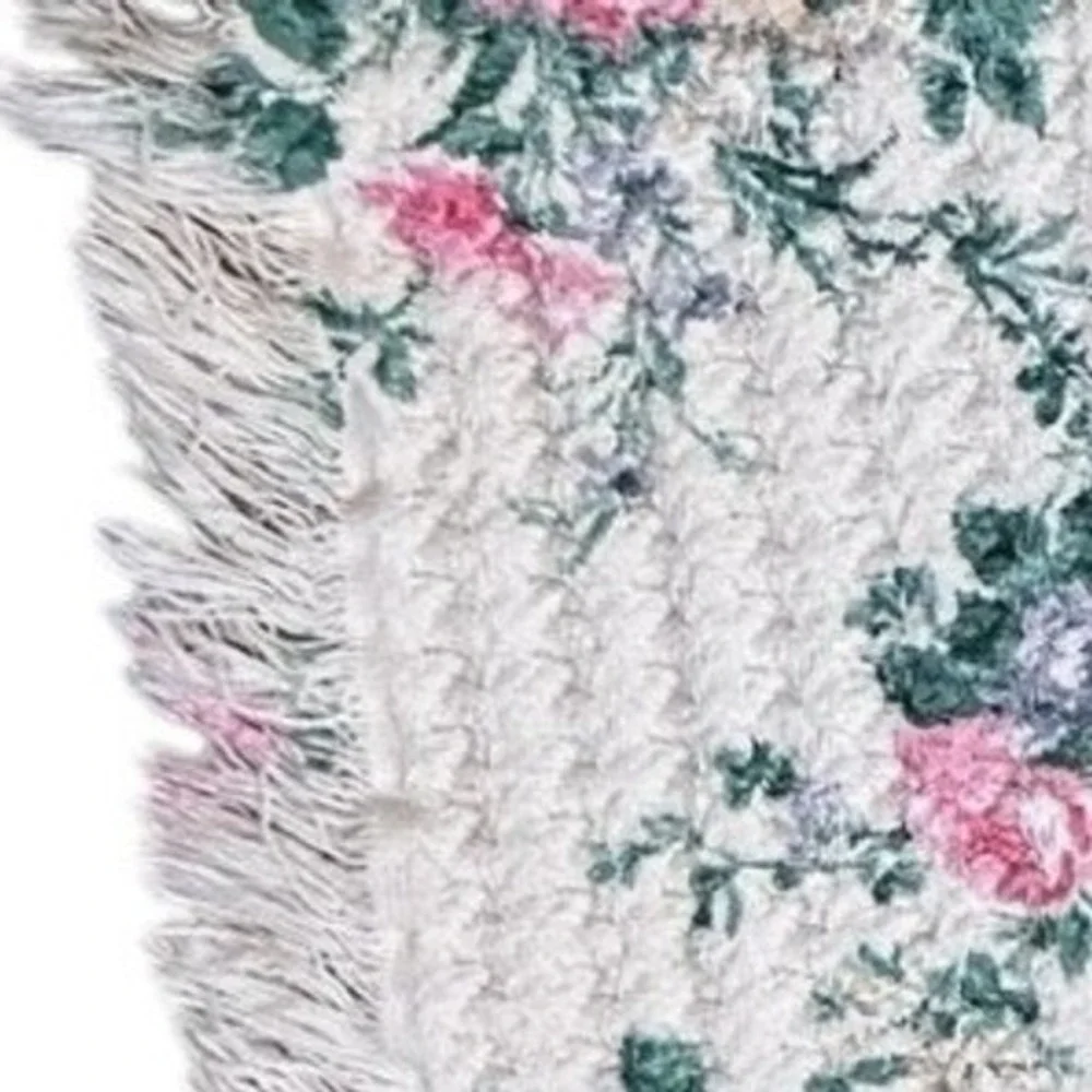 Floral Chenille Throw Blanket Pink Roses Lavender Fringed Edge White Vintage